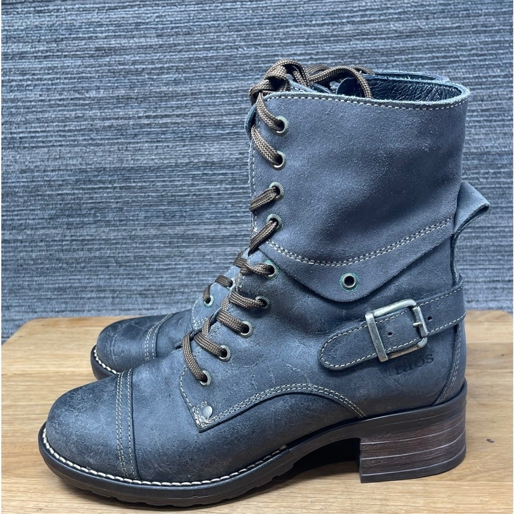 Taos Crave Combat Boots Women 6-6.5 Grey Leather Suede Side Zip Moto‎ Distressed